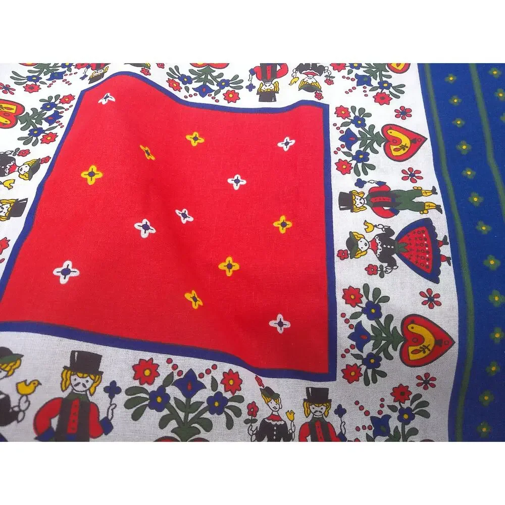 Vintage Kolf Austrian Folklore Cotton Tablecloth 59x79 Red Navy Blue Folk Art